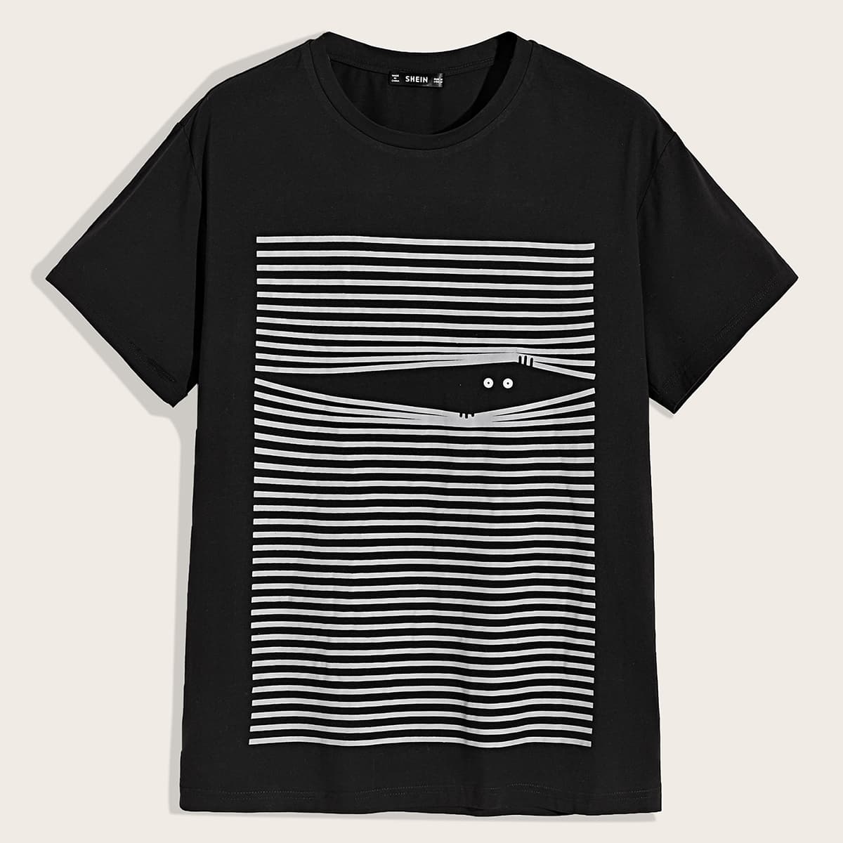 

Guys Striped and Graphic Print Top, Black