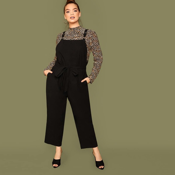 

Plus Slant Pocket Self Belted Pinafore Jumpsuit, Black