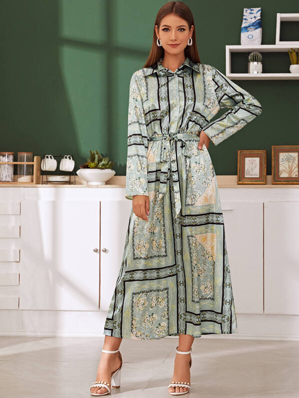 

Floral Scarf Print Belted Satin Shirt Dress, Multicolor, Debi Cruz