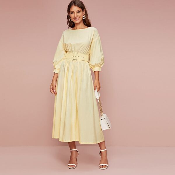 

Lantern Sleeve Zip Back Buckle Belted Dress, Yellow pastel