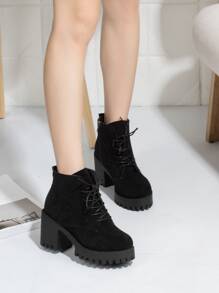 Fall/Winter Black Solid Color Boots With Side Zipper, Chunky Heels & Texture Sole,Boots For Women,Platform Heels For Women - Black - View 3