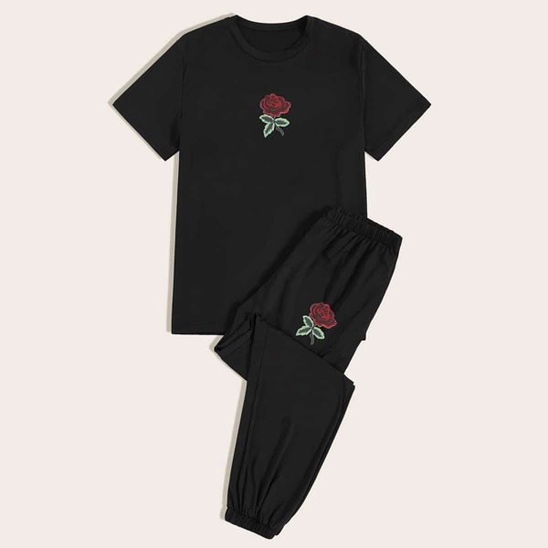 

Men Rose Print Tee & Pants PJ Set, Black