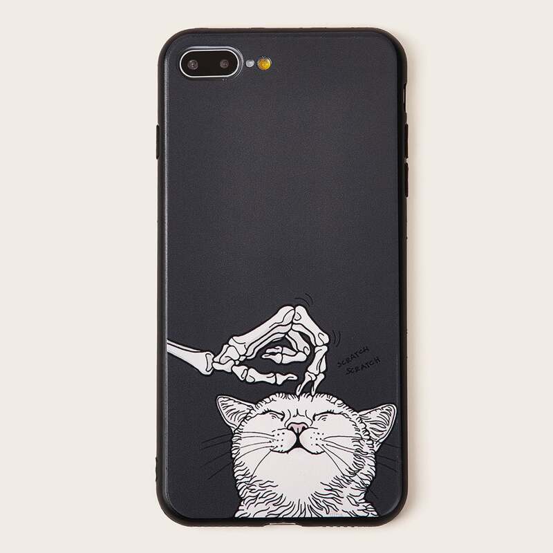 

Skeleton Hand & Cat Print iPhone Case, Black