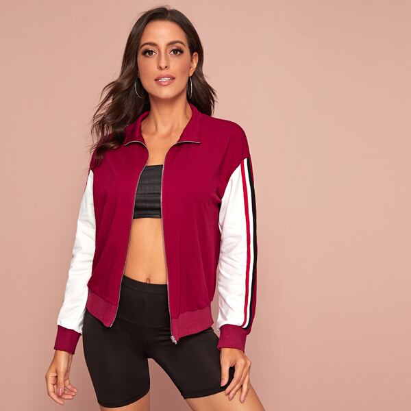

Striped Tape Color-block Zip Up Sweatshirt, Burgundy