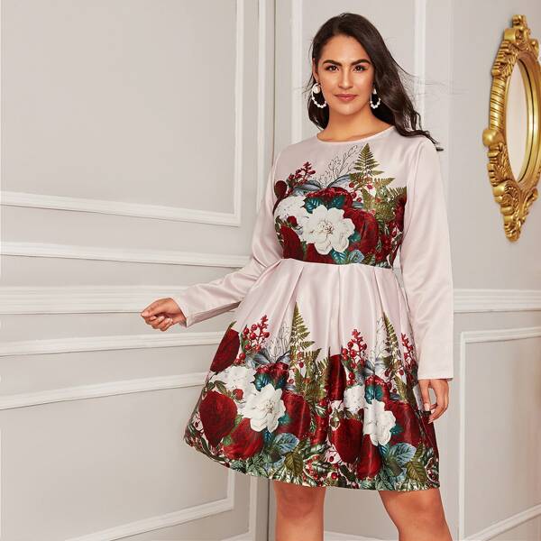 

Plus Floral Print Flare Satin Dress, Multicolor