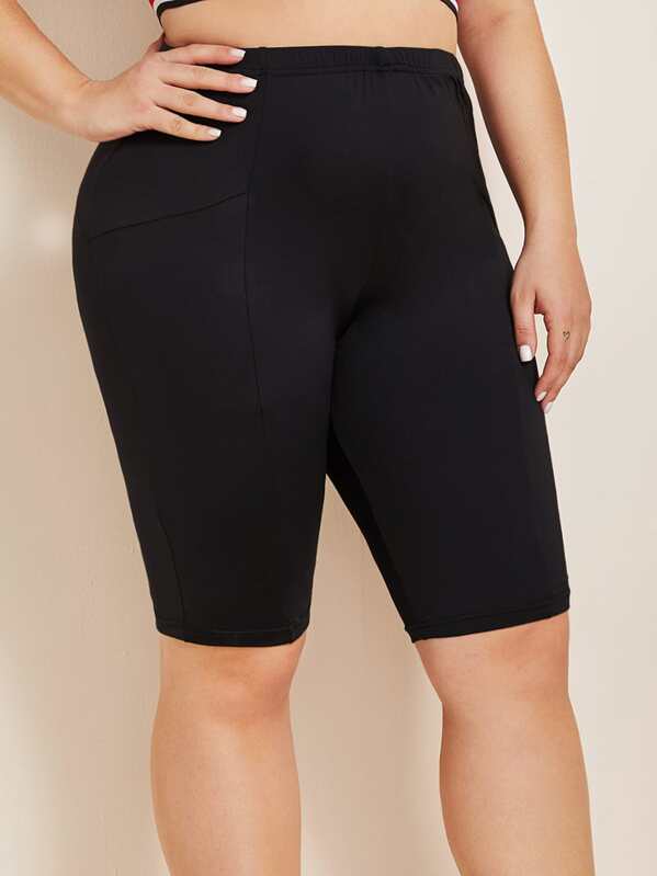 

Plus Elastic Waist Solid Cycling Shorts, Black, Carol