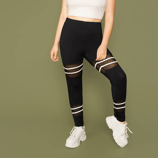 

Plus Striped Tape Mesh Insert Leggings, Black