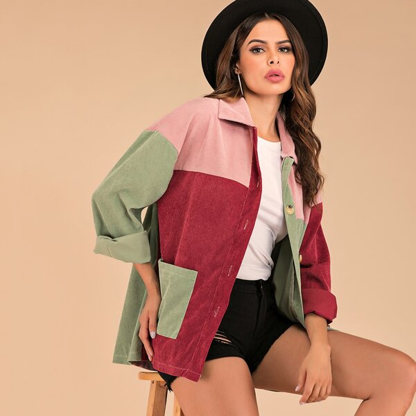 

Corduroy Cut And Sew Dual Pockets Coat, Multicolor