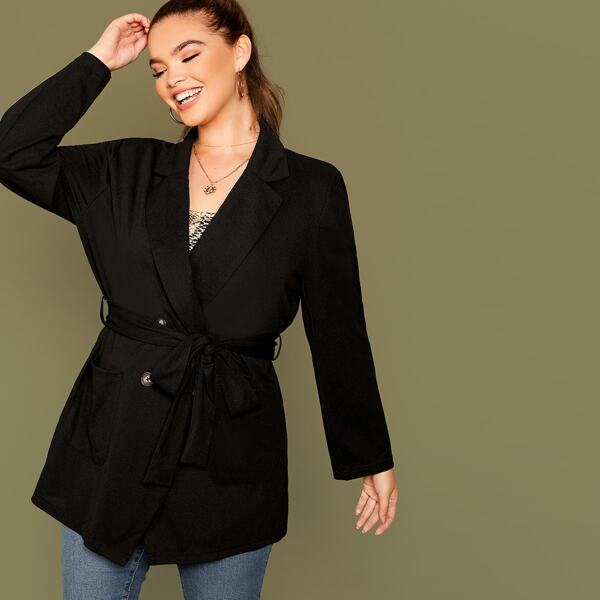 

Plus Double Button Belted Longline Blazer, Black
