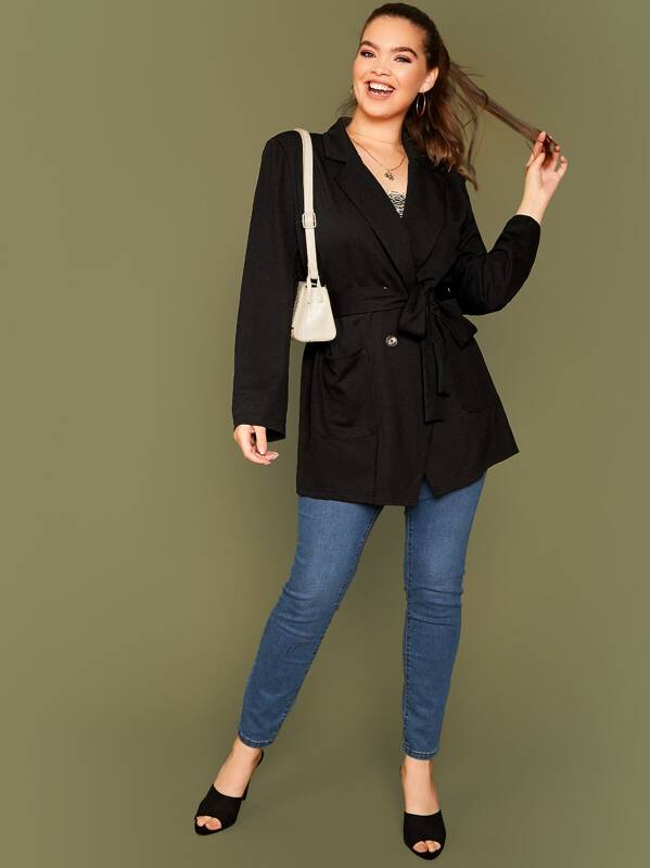 

Plus Double Button Belted Longline Blazer, Black, Faith Bowman