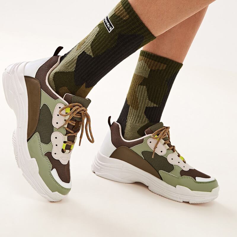

Lace-up Front Mesh Panel Chunky Sneakers, Green