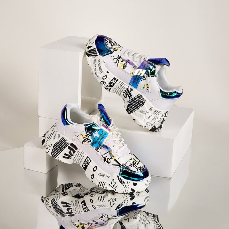 

Letter Graphic Holographic Chunky Trainers, Multicolor
