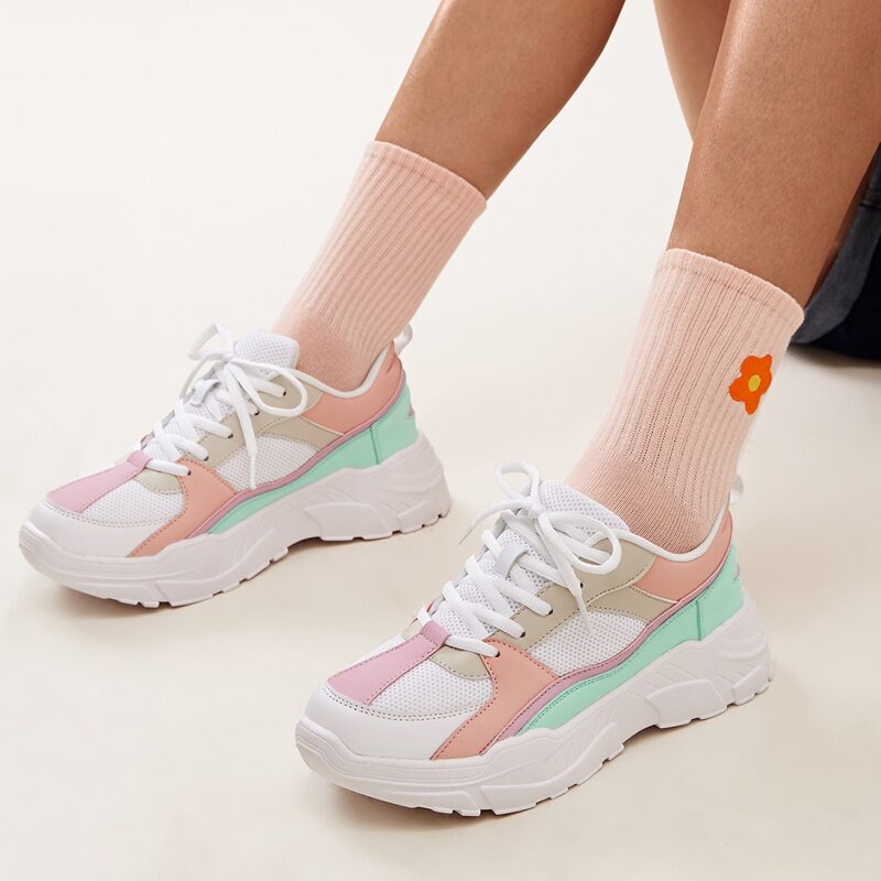 

Lace-up Front Mesh Panel Chunky Sneakers, Multicolor