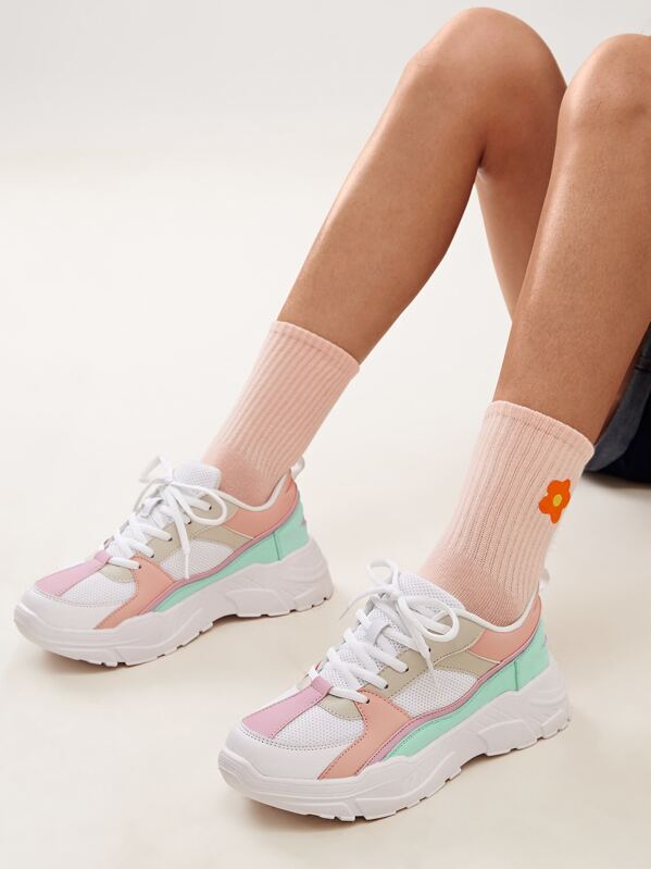 

Lace-up Front Mesh Panel Chunky Sneakers, Multicolor