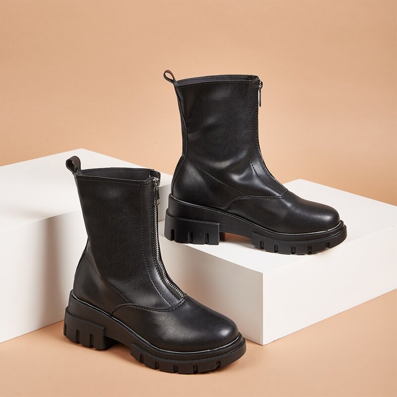 

Zipper Front Lug Sole Boots, Black