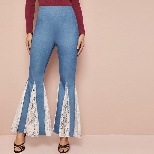 

Contrast Lace Flare Leg Zip Back Pants, Blue