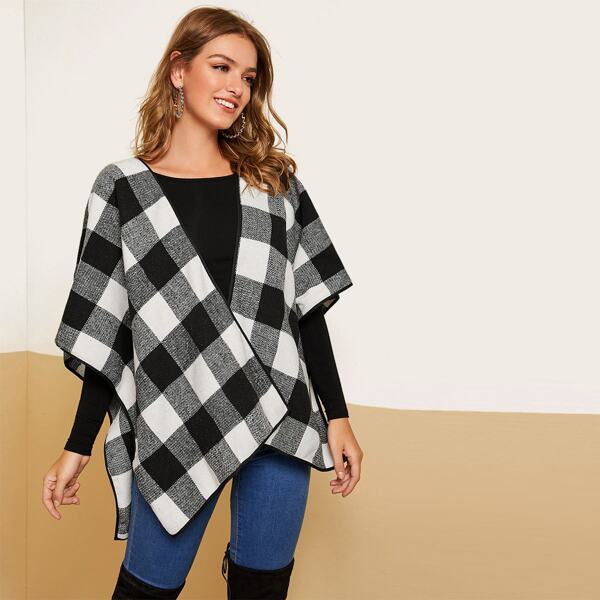 

Buffalo Plaid Cape Waterfall Coat, Black and white