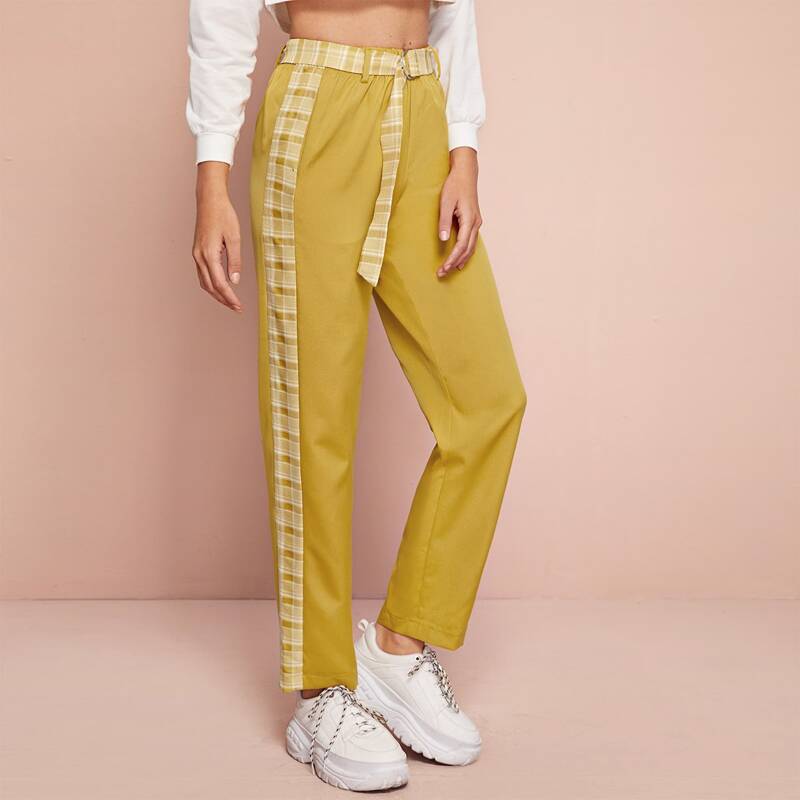 

Contrast Plaid Self Tie Pants, Yellow