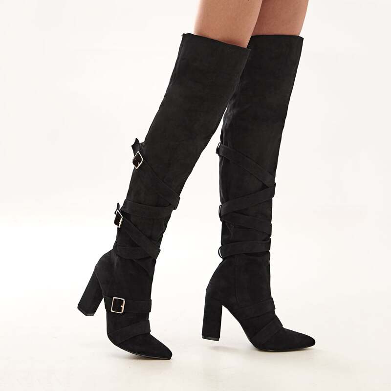 

Buckle Strap Chunky Heeled Riding Boots, Black