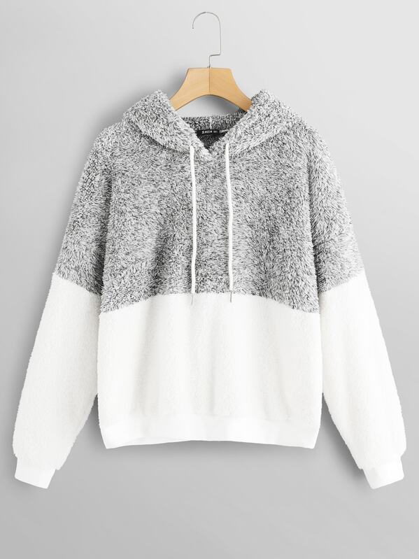 

Plus Two Tone Teddy Drawstring Hoodie, Multicolor