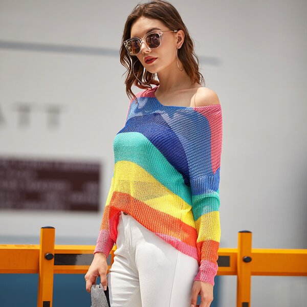 

Rainbow Striped Cut Out Back Drop Shoulder Sweater, Multicolor