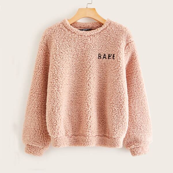 

Letter Embroidery Teddy Pullover, Pink pastel
