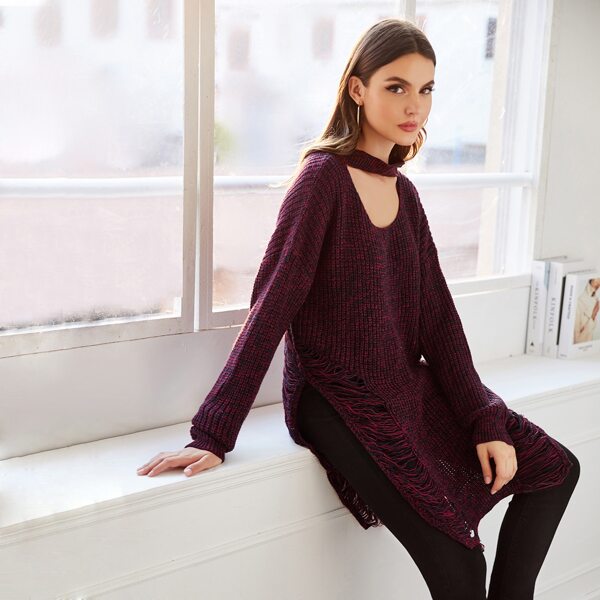 

Choker Neck Distressed Slit Hem Sweater, Burgundy