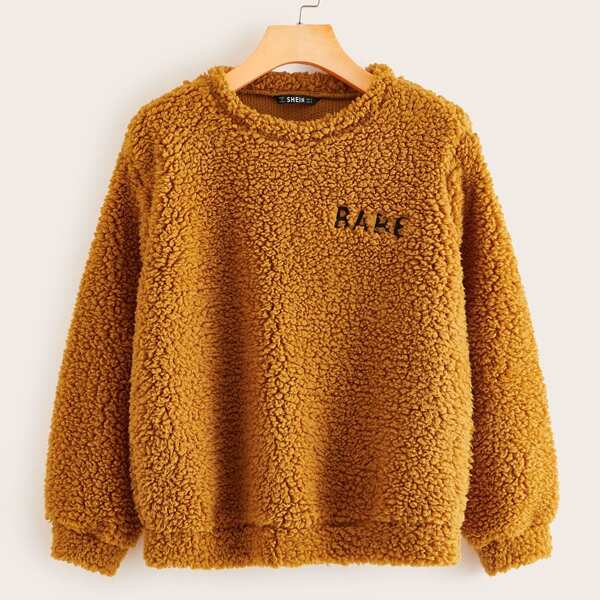 

Letter Embroidery Teddy Pullover, Camel
