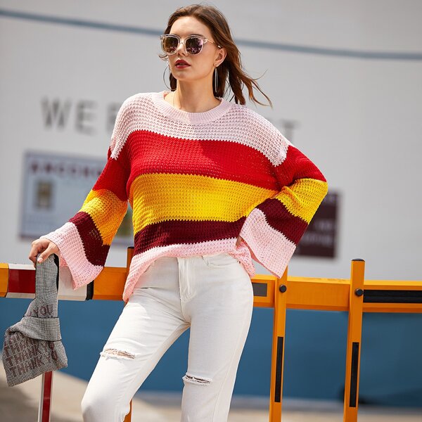 

Rainbow Stripe Bell Sleeve Jumper, Multicolor