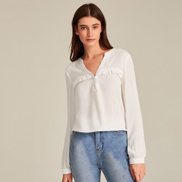 

Button Half Placket Frill Trim Blouse, White