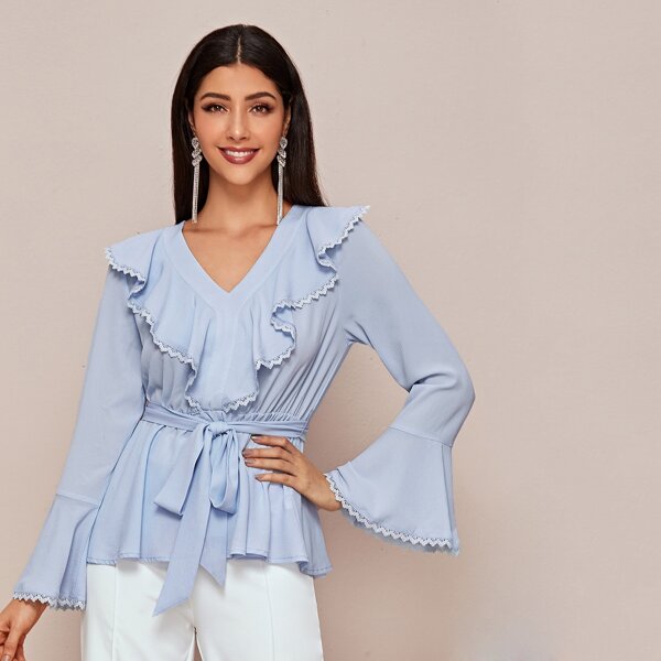 

Bell Sleeve Lace Ruffle Trim Belted Blouse, Blue pastel