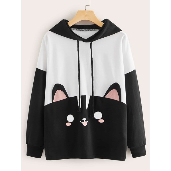 

Cartoon Print Drawstring Hooded Sweatshirt, Black and white