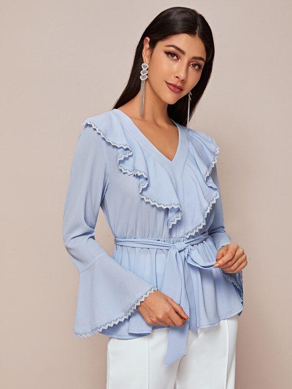 

Блуза с оригинальным рукавом, кружевом и поясом, Синий, Taina