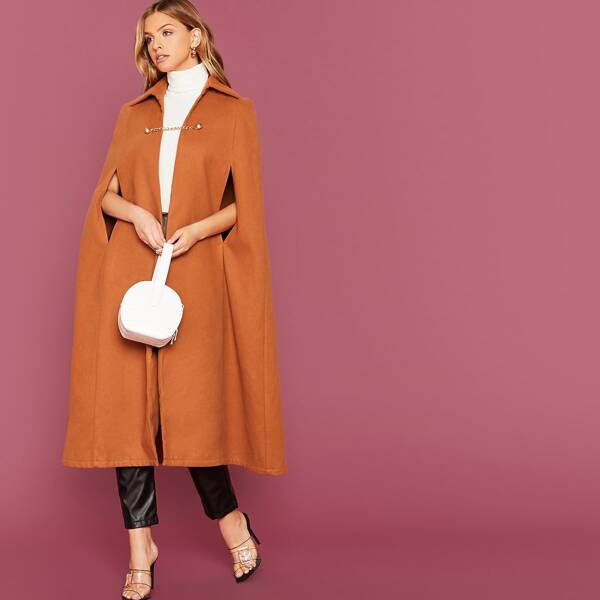 

Gold Button Chain Closure Poncho Coat, Camel