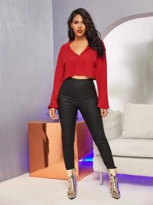 SHEIN EZwear 羅紋針織燈籠袖短版t恤 - 紅色 - 查看 3