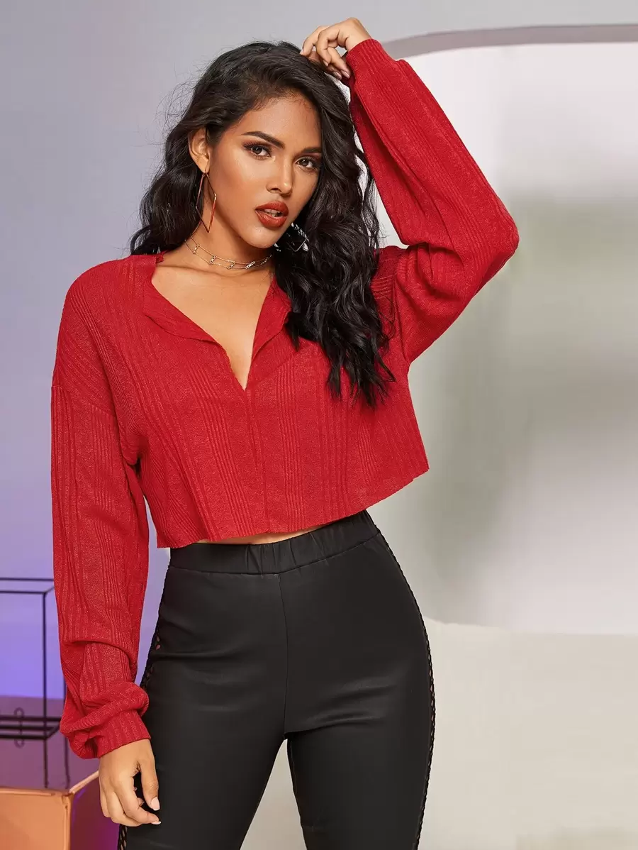 SHEIN EZwear 羅紋針織燈籠袖短版t恤 - 紅色 - 查看 1