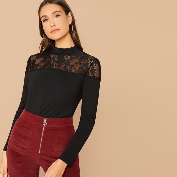 

Mock Neck Lace Sheer Yoke Top