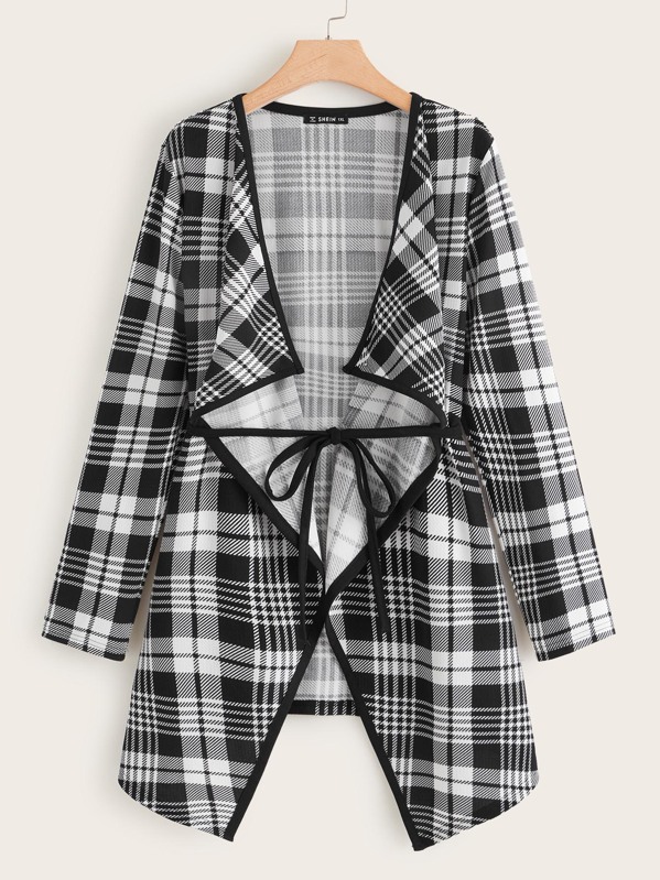 

Plus Draped Collar Binding Trim Open Placket Plaid Coat, Black and white