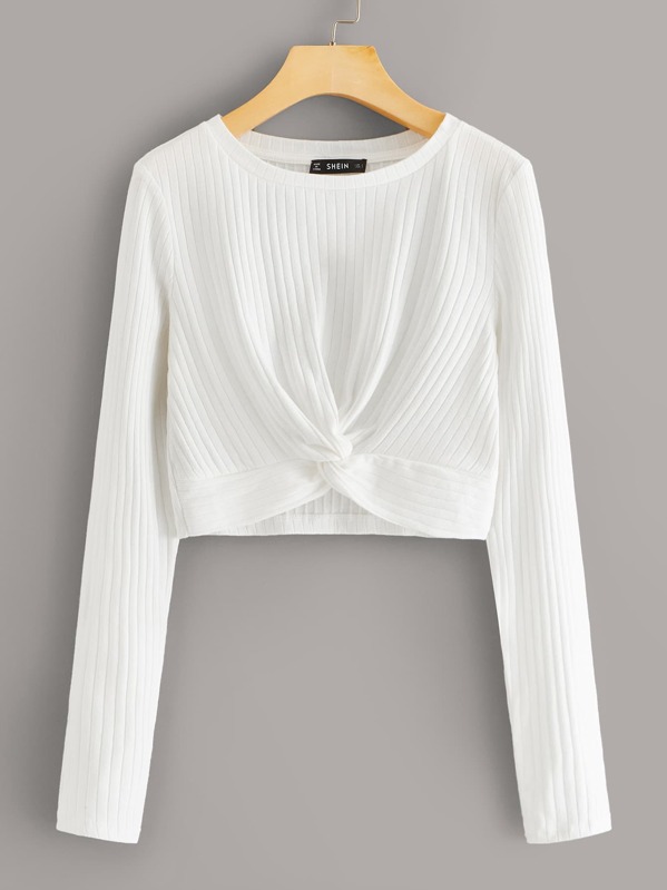 

Twist Hem Rib-knit Tee, White