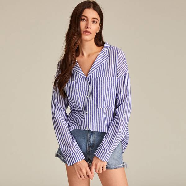 

Striped Print Drop Shoulder Shirt, Blue