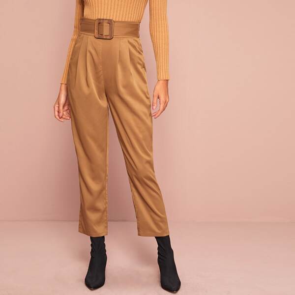 

Pleated Front Slant Pocket Buckle Belted Pants, Camel