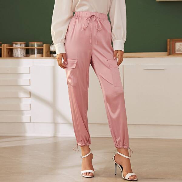 

Flap Pocket Front Drawstring Hem Satin Pants, Pink pastel