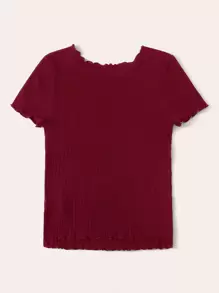 SHEIN EZwear Lettuce Trim Rib-knit Top - Burgundy - View 2