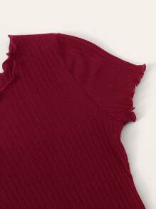 SHEIN EZwear Lettuce Trim Rib-knit Top - Burgundy - View 3