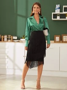 SHEIN 雙紐扣落肩緞面襯衫 - 綠色 - 查看 3