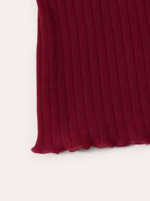 SHEIN EZwear Lettuce Trim Rib-knit Top - Burgundy - View 4