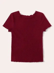 SHEIN EZwear Lettuce Trim Rib-knit Top - Burgundy - View 5