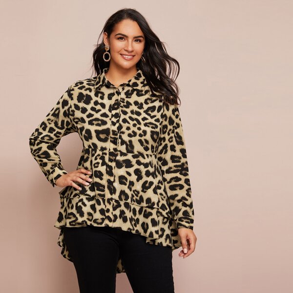 

Plus Leopard High Low Layered Ruffle Shirt, Multicolor