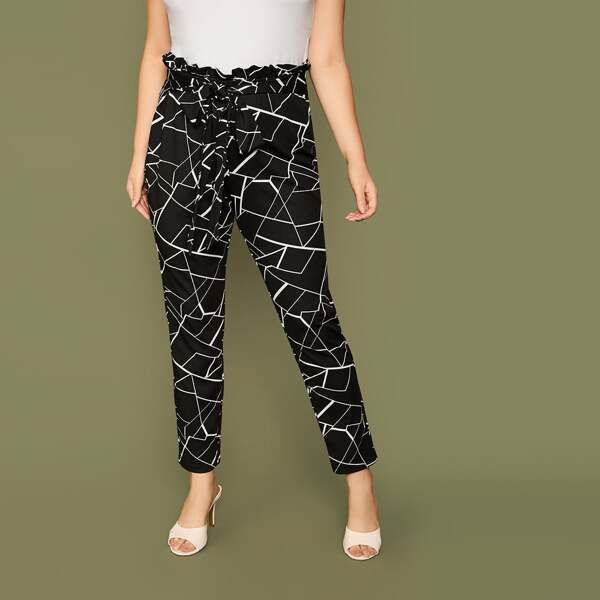 

Plus Geometric Print Paperbag Waist Belted Pants, Black