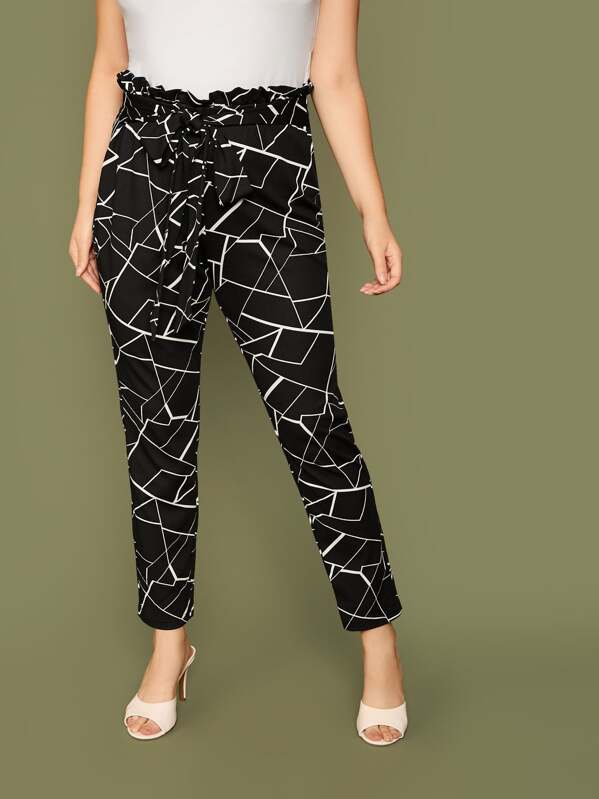 

Plus Geometric Print Paperbag Waist Belted Pants, Black, Faith Bowman
